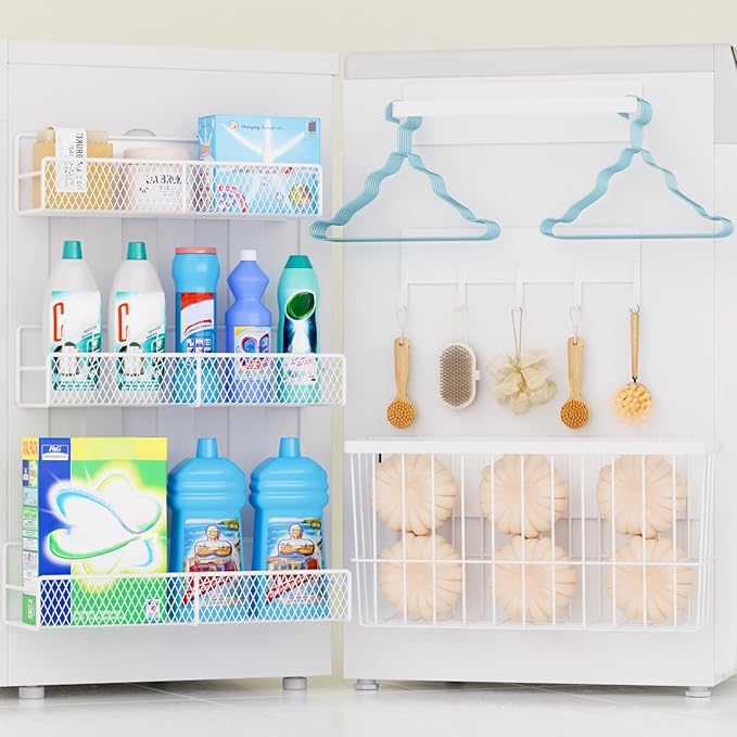 6 Pack Magnetic Shelves for Washing Machine, Magnetic Spice Rack Organizer for Refrigerator, Magnetic Shelf with Hanger Organizer, Metal Magnetic Basket, Laundry Organization and Storage, White