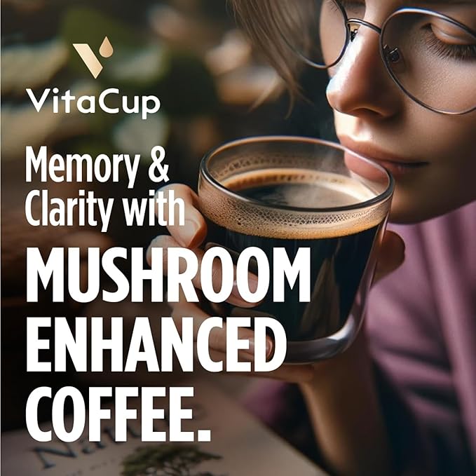VitaCup Mushroom Coffee Pods, Boost Focus & Immunity w/Lions Mane, Chaga, B Vitamins, D3 for Memory & Clarity, Medium Roast, Single Serve Pod Compatible w/Keurig K-Cup Brewers,10 Ct