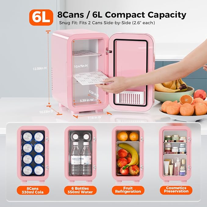 OSTBA Mini Fridge for Skincare, 6 Liter/8 Can 110V AC/DC Portable Thermoelectric Cooler Refrigerators for Bedroom, Skincare, Beverage, Office, Dorm Room and Car, Pink