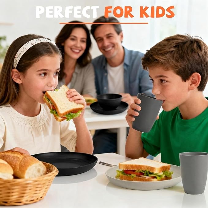 20 PCS Wheat Straw Plates and Bowls Sets,Kids Dishes Dinnerware Sets for 4,Unbreakable Kitchen Plates and Bowls Set for Travel Dishwasher & Microwave Safe Lightweight Dishes Set - BlackGrey