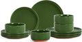 12 Piece Ceramic Plates and Bowls Sets for 4, Elegant Green | Stoneware Dinnerware Set, Dishwasher & Microwave Safe, Handcrafted, Perfect for Family and Gatherings