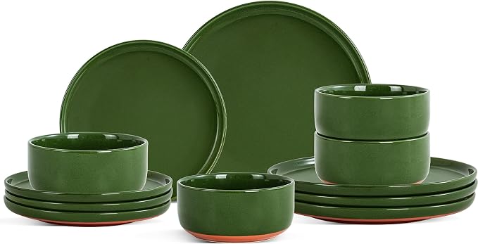 12 Piece Ceramic Plates and Bowls Sets for 4, Elegant Green | Stoneware Dinnerware Set, Dishwasher & Microwave Safe, Handcrafted, Perfect for Family and Gatherings