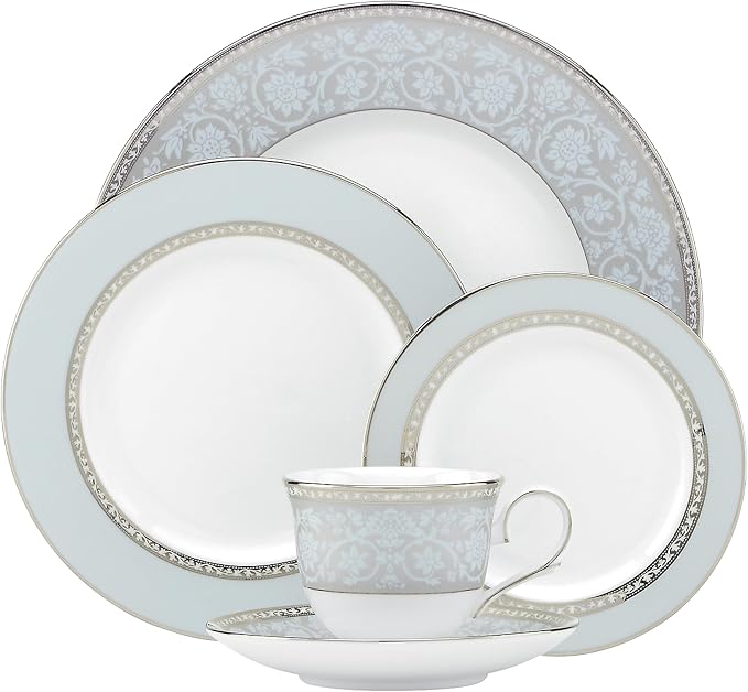 Lenox Dinnerware Set, Westmore 5-Piece Place Setting Set, Service for 1, Bone China Dinnerware, Dishwasher And Microwave Safe, Plate, Saucer, and Teacup, Kitchen and Dining (White/Blue, 5 Piece)