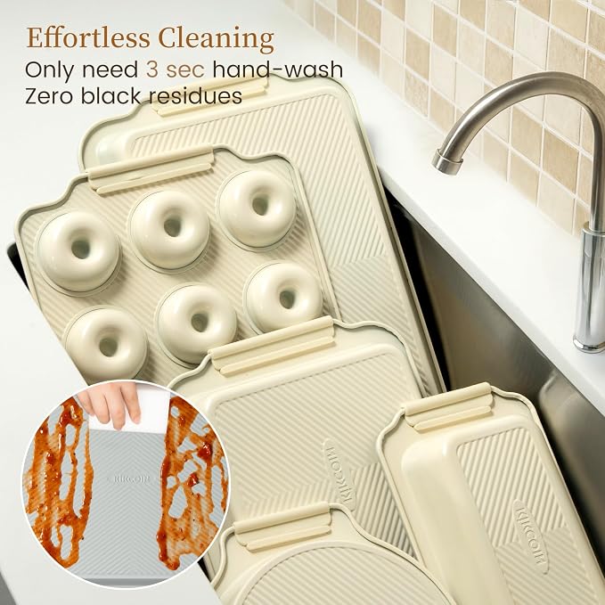 Kikcoin 25 PCS Stackable Baking Pans Set, Non-stick Bakeware Sets with Silicone Handles, 450°F Oven Safe Cookie Sheets for Baking, Easy Release Heavy-duty Baking Sheets Non Stick, Cream
