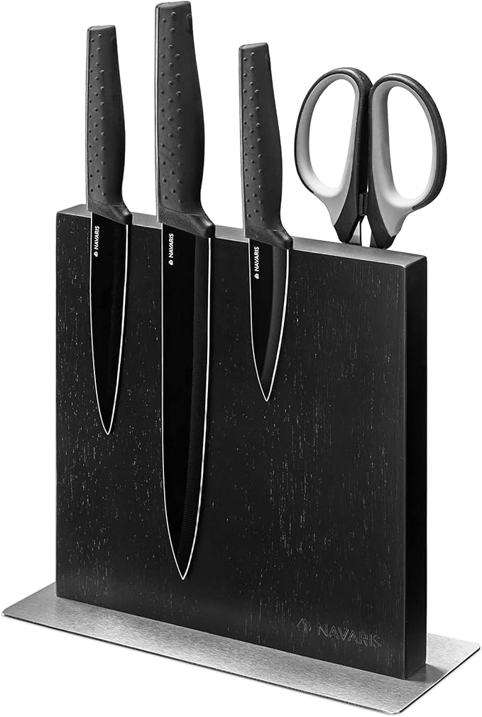Navaris Magnetic Knife Block - Kitchen Storage with Strong Magnets for Knives & Utensils - Simple, Modern Utensil Holder in Black Rubberwood - 8.9" x 8.7"