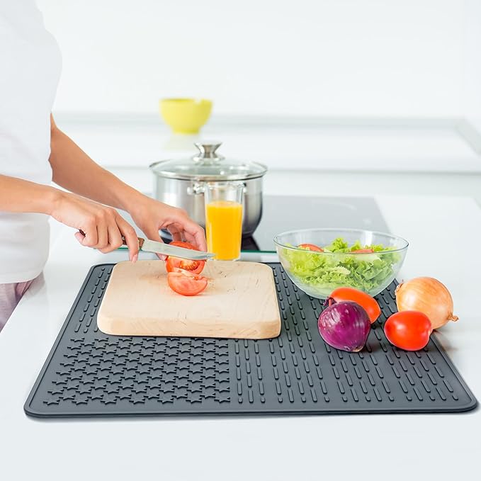 AWINNER Silicone Electric Stove Cover Mat,Ceramic Stove Heat Resistant Glass Cooktop Flat RV Range Stovetop top Protector,XL Dish Drying Mats for Kitchen Stars Stripes Design (Silicone Gray, 28"x20")