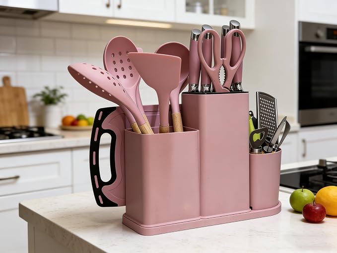 Kitchen Utensils and Knives Set, 20PCS Knife and Cooking Spoon Tools Set with Storage Holder, Sharp Stainless Steel Knife Sets with Bread, Chef Knife (Pink)