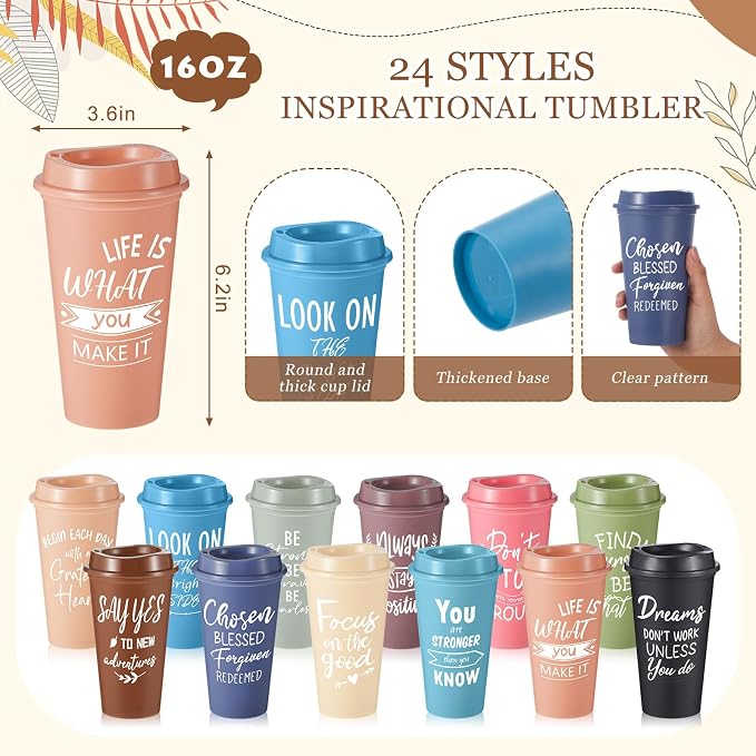 Skylety 24 Set/96 Pcs Employee Christmas Inspirational Gifts 16oz Plastic Cups Thank You Mini Spiral Notebooks Ballpoint Pens Keychains Bulk Motivational Gifts for Women Coworker Staff (Morandi Color)