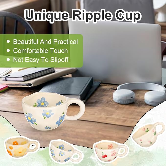 4 Styles Cute Spring Ceramic Flower Coffee Mug Set 8.5 oz Vintage Aesthetic Porcelain Floral Tea Coffee Cup with Handle Dishwasher Microwave Safe for Mother's Day Easter Gift for Women
