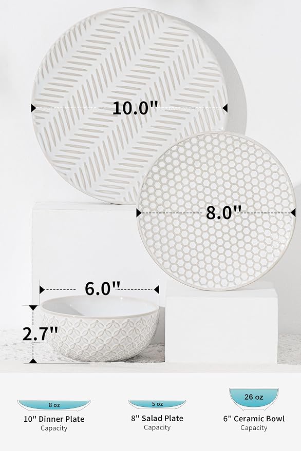 FOBENTA 12 Piece Embossed Dinnerware Sets for 4, Elegant Plates and Bowls Sets, Microwave & Dishwasher Safe, Stoneware for Stylish Home Dining–Perfect Housewarming Gift for Busy Families & Hostesses