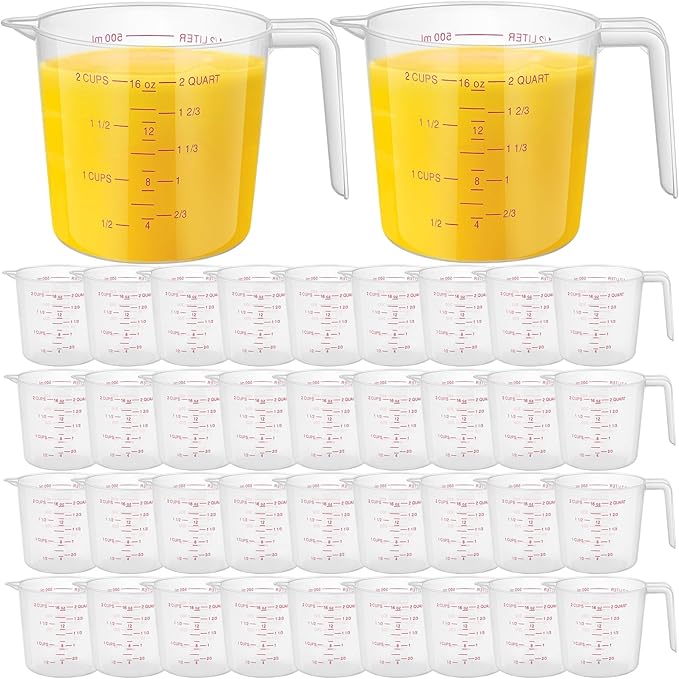 Kanayu 36 Pcs Plastic Measuring Cup Clear Measuring Mug with Spout and Handle Grip Capacity Clear Graduated Pitcher for Kitchen Flour Water Liquids(Red,16 oz, 2 Cups)
