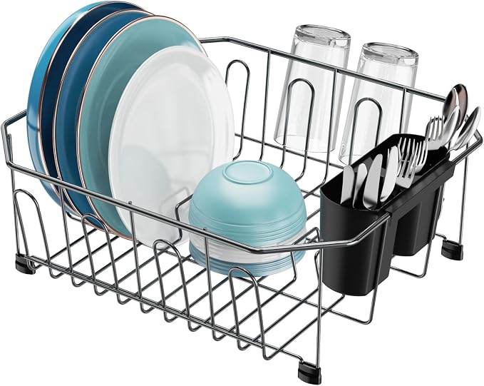 GSlife Small in Sink Dish Drying Rack - Stainless Steel Compact Dish Drainer for RV Kitchen Apartment Sink, Rust Resistant Inside Sink Rack, 1–2 Person Households, 13.1" W x 14.4" L, Gunmetal Grey