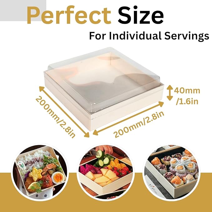 Disposable Bento Boxes with Lids, Wooden Bowls for Lunch/Snack Box, Oil/Seepage-proof Poplar Catering Tray w/Wax Paper & Gloves, 25 PCS Microwave/Freezer Safe Take-out Bento Box for Hot/Cold