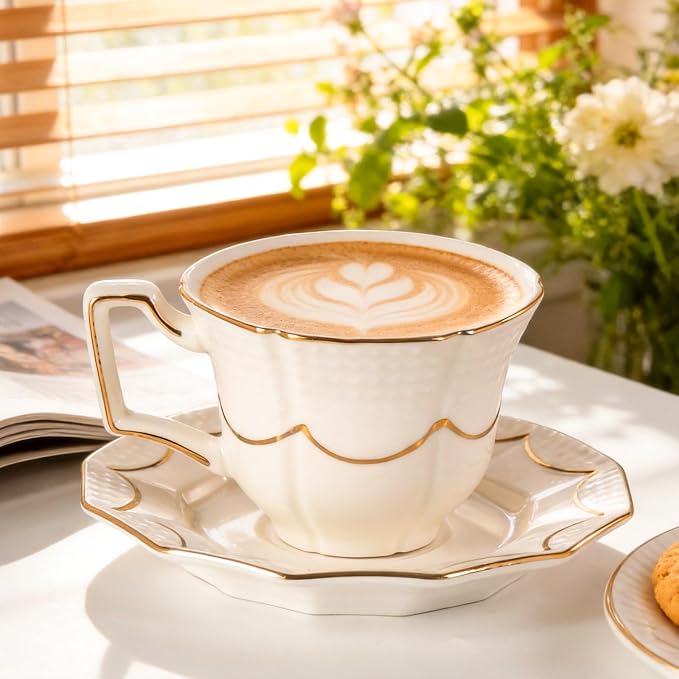 KAMMAK Tea Cups and Saucers Set of 2, 6.4oz Porcelain Coffee Cups with Saucers, Ceramic Espresso Mugs for Coffee, Latte, Americano, Tea, Elegant Teacup and Saucer (YFH12)