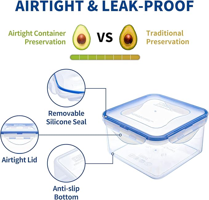 KIGI 42 oz Square Food Storage Containers, Leak-proof &Airtight, 4-Sided Locking Lid, Ideal for Lunch, Meal Prep, Leftover & Salad, BPA-Free Plastic, 5.2 cup, 6 Piece Set