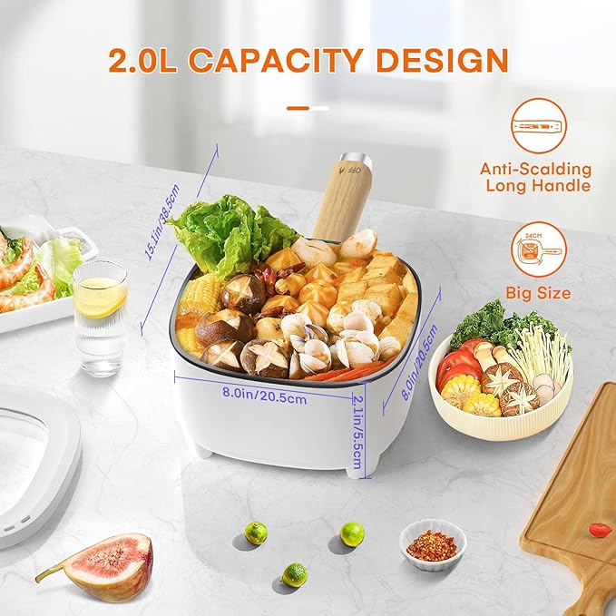 Audecook Hot Pot Electric 2L, Cermic Glaze Non-Stick Frying Pan 8 Inch, Portable Travel Cooker for Ramen/Steak/Fried Rice/Oatmeal/Soup, with Dual Power Control (Silicone Spatula Included)