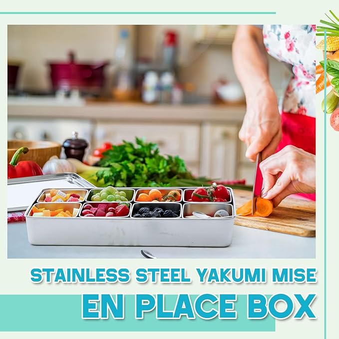 Boao 8 Compartment 304 Yakumi Pans Stainless Steel Mise En Place Japanese Yakumi Tins Seasoning Condiment Container with Lids Spoons for Food Meal Prep Organizer for Kitchen Salad Spices Herbs, Masala