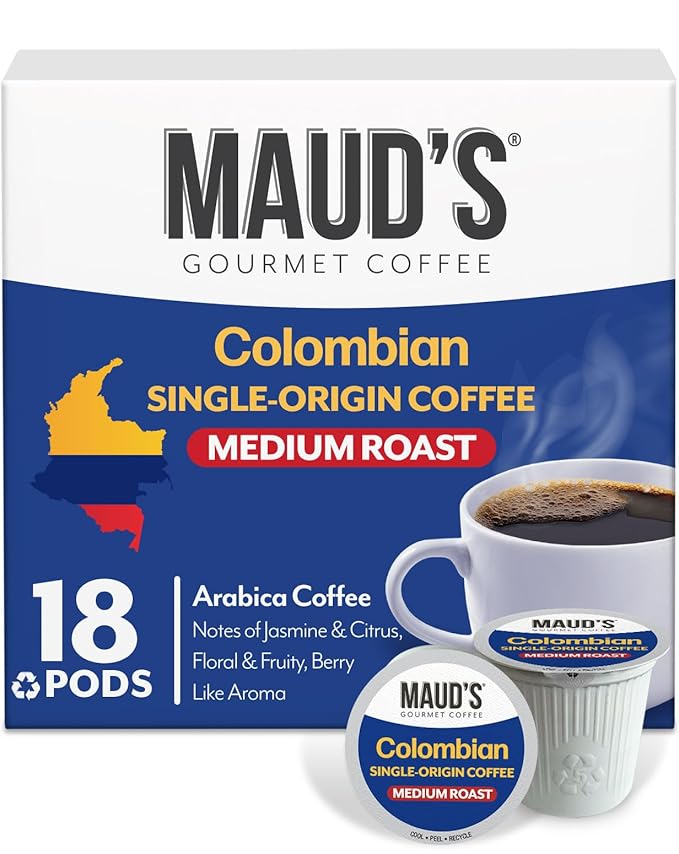 Maud's Colombian Coffee Pods, 18 ct, Single Origin, Medium Roast Coffee in Single Serve Pods – 100% Arabica Coffee, Compatible with Keurig K Cups Maker