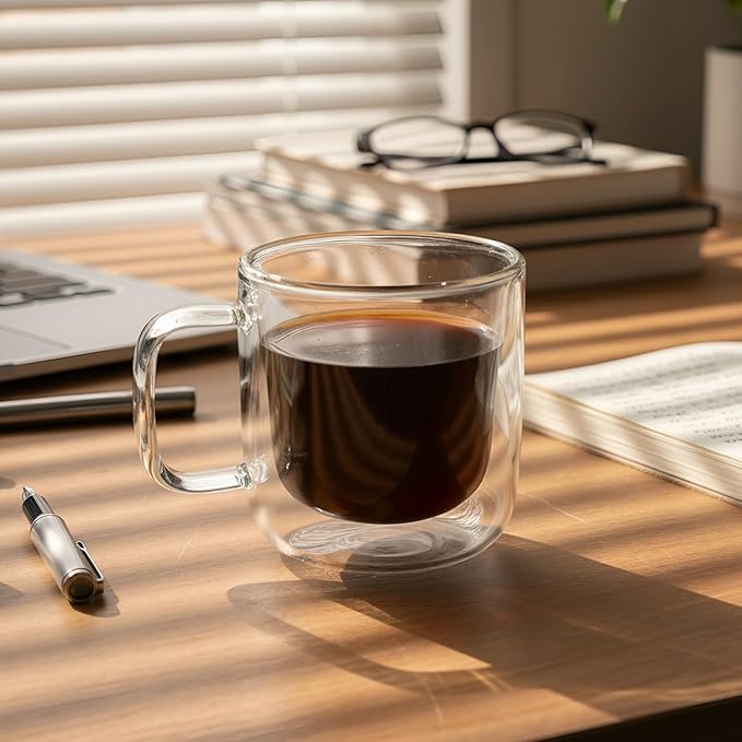 Aquach 8oz Double Walled Glass Coffee Mugs 2pcs, Insulated Espresso Cups | Dishwasher/Microwave Safe, Borosilicate Glass, Double-walled, Smooth Rim, Comfort Handle, Small Capacity
