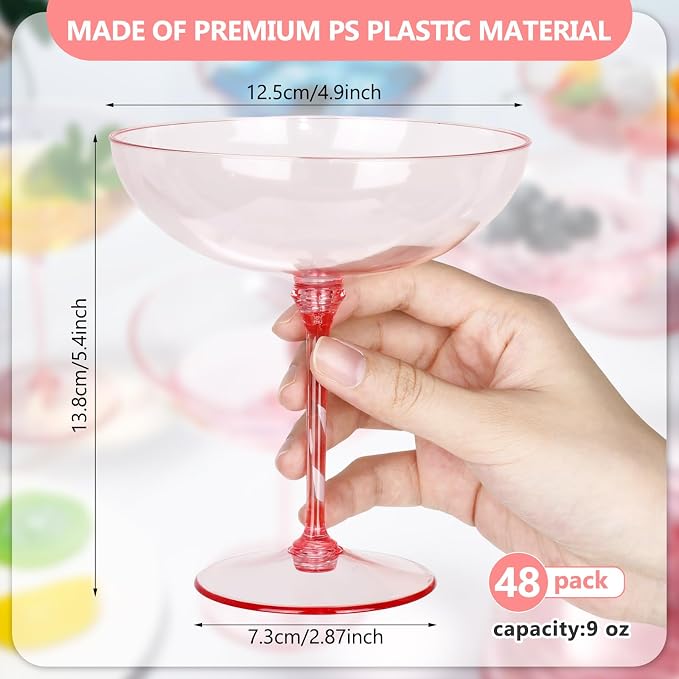 LemonRoad 48 Pcs Plastic Coupe Glasses 9 oz Disposable Martini Glasses for Cocktails, Champagne, Desserts and Espresso, Drinkware Set for Weddings, Birthday Parties, Home Bars (Pink)