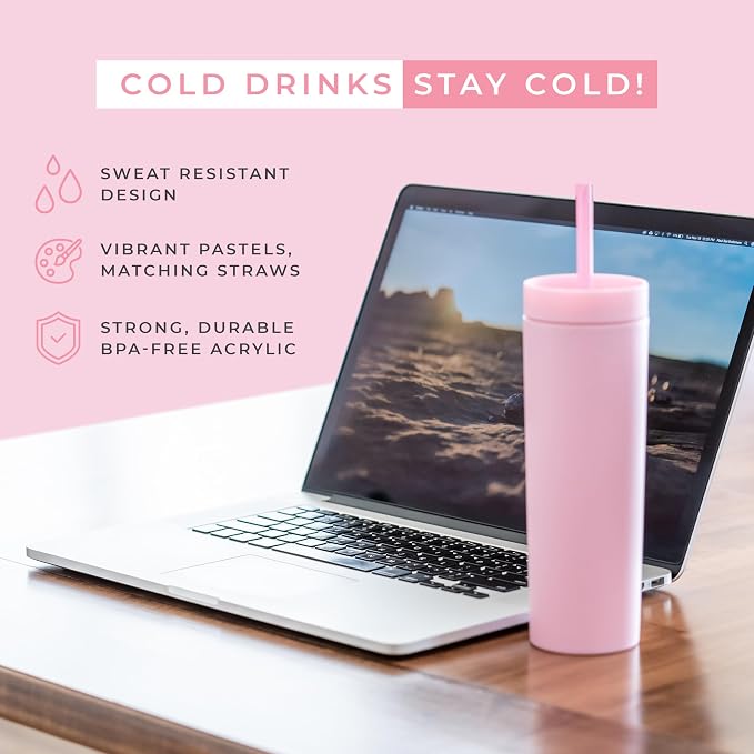STRATA CUPS Pink Skinny Tumblers with Lids and Straws (4 pack) - 16oz Matte Pastel Colored Acrylic Tumblers with Lids and Straws, Double Wall Skinny Tumbler Bulk, Reusable Cup with Straw Cleaner