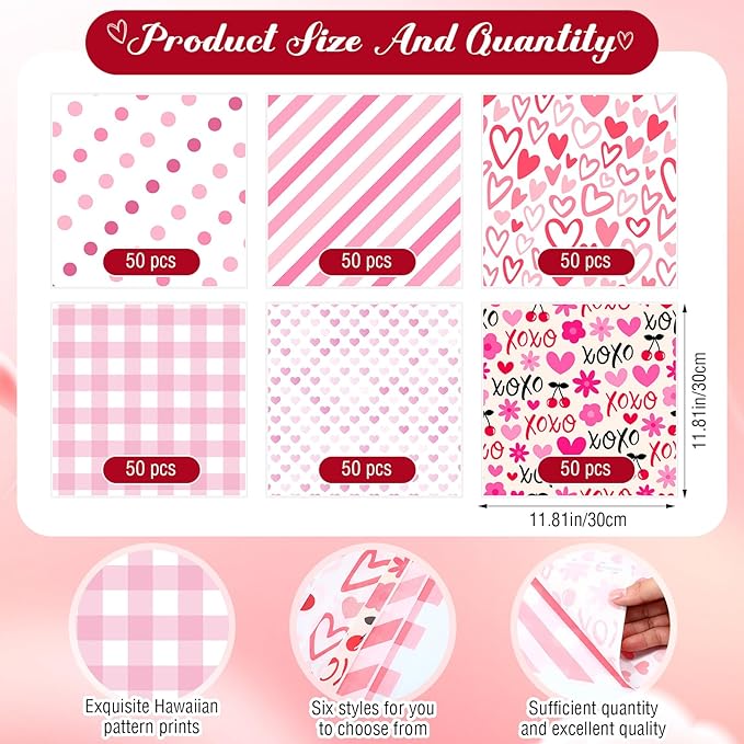 Reallnaive 300 Pcs Valentine Wax Paper Sheets for Food 12 x 12 Inch Pink Heart Parchment Deli Tissue Paper Sandwich Wrapping Sheets Food Basket Liners for Kitchen Restaurant Baking Supplies, 6 Styles