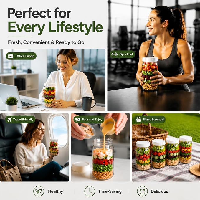 9PCS Salad Meal Prep Containers, 32oz Large Glass Salad Jars with Lids Meal Prep with 4 Forks, Leakproof Salad Container for Lunch with Separate Wet/Dry Dressing Cups for Home, Office and Outdoor