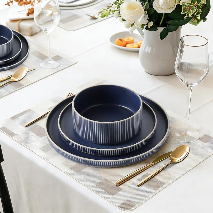 Dinnerware Set Service for 8, 24-Piece Ceramic Plates and Bowls Set, Chip & Scratch Resistant, Microwave and Dishwasher Safe, Modern Minimalist Tableware for Everyday Use, Matte Blue