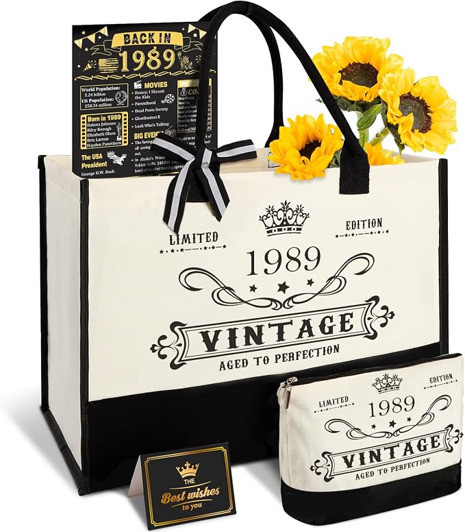 YeohJoy 37th Birthday Gift for Her Canvas Tote Bag Travel Gear, Unique 37 Years Old Birthday Gifts for Wife Women Sister Friends Her, Vintage 1989 Handbag & Makeup Bag & 37th Greeting Card