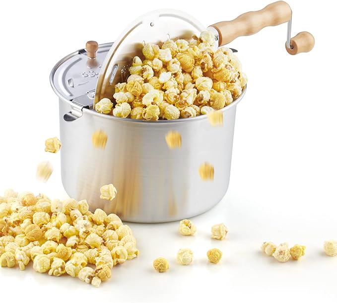 Cook N Home Stovetop Popcorn Popper with Crank, 6-Quart Aluminum Popcorn Pot, Silver