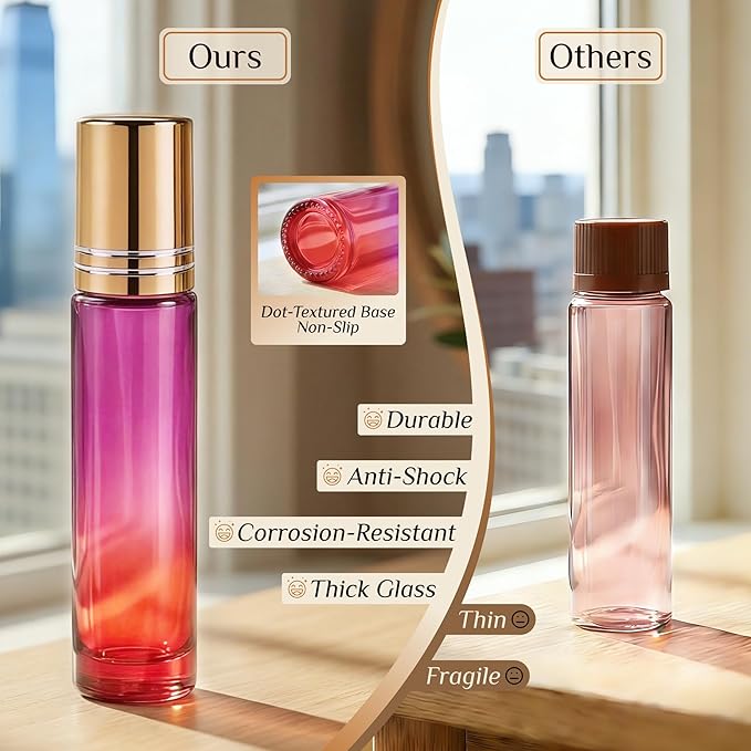 PrettyCare 4 Pack, 10 ml Essential Oil Roller Bottles with Stainless Steel Roller Ball - Refillable Leak-proof Empty Thick Red & Purple Glass Roll on Bottles with Golden Caps for Travel, Perfume