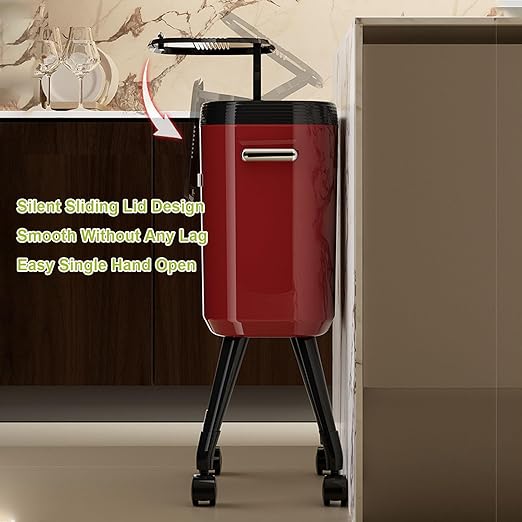 Tall Trash Can with Wheels, 15L Large Capacity Narrow Garbage Can with Elevated Legs, Trash Bin for Kitchen Bathroom Living Room Office (Red)