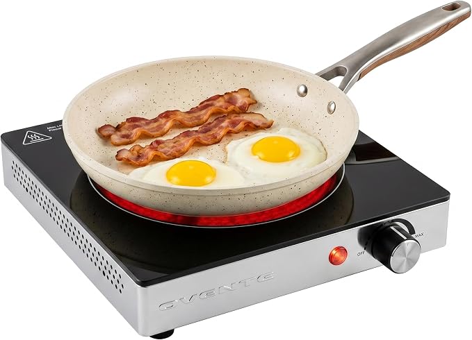 OVENTE Infrared Ceramic Single Burner, 1200W Electric Countertop Hot Plate with Black Crystalline Glass, Portable Stainless Steel Cooktop for Home, Office, or Dorm Use, Black BGI301GB