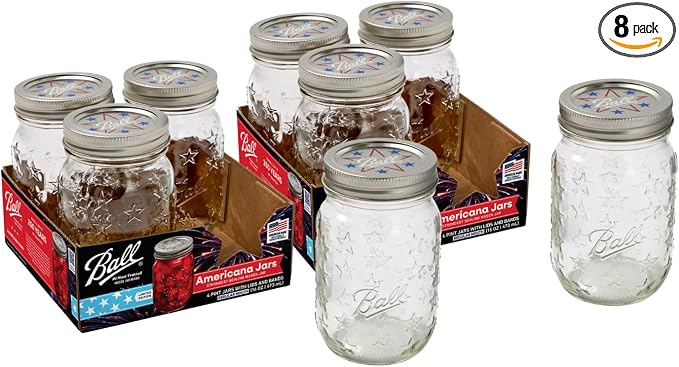 Ball Americana Regular Mouth Glass Mason Jars with Lids and Bands, Used for Canning, Pickling, Juice, Jam, Jelly, Pint Size 16 Ounce, 4 Count, Pack of 2 (8 Jars Total)