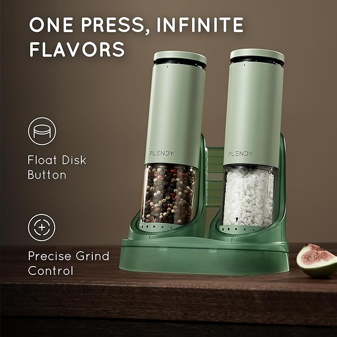 Flendy Electric Salt and Pepper Grinder Set Rechargeable, Automatic Salt and Pepper Grinder Set with Oversized Top Button, Stainless Steel Electric Salt and Pepper Shakers Set