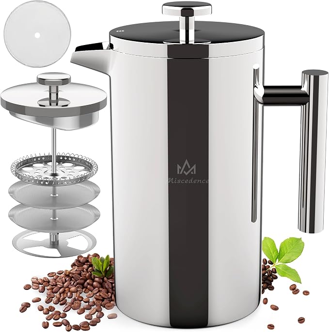 French Press Coffee Maker, 4-Layer Filtration, Double Wall 304 Stainless Steel Coffee Press, Heat Resistant Rust-Proof, Multi-Use for Coffee Tea Espresso Home Office Travel