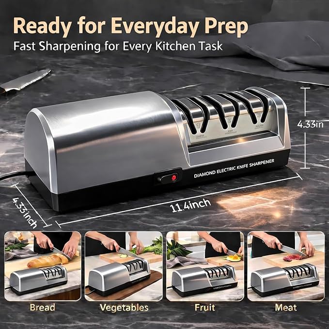 Electric Knife Sharpener for Kitchen, 3-Stage Professional Kitchen Knife Sharpener with 15° Precision Angle Guide, Fast & Portable Stainless Steel Grinding Tool for Sharpening, Repairing & Polishing