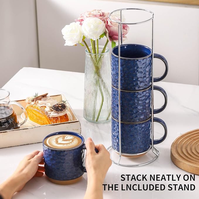 Nihow 16 OZ Ceramic Coffee Mug with Stackable Stand,Set of 4,Blue | Stainless Stand Included, Cappuccino & Tea, Hot/Cold Drinks, Dishwasher & Microwave Safe