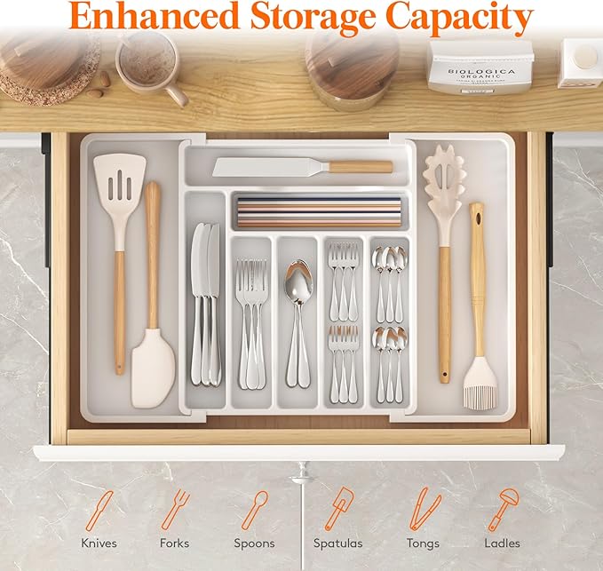 Lifewit Silverware Drawer Organizer, Expandable Cooking Utensil Tray, Adjustable Cutlery and Flatware Tray, Plastic Spoons Forks Knives Holder Storage Dividers, Large