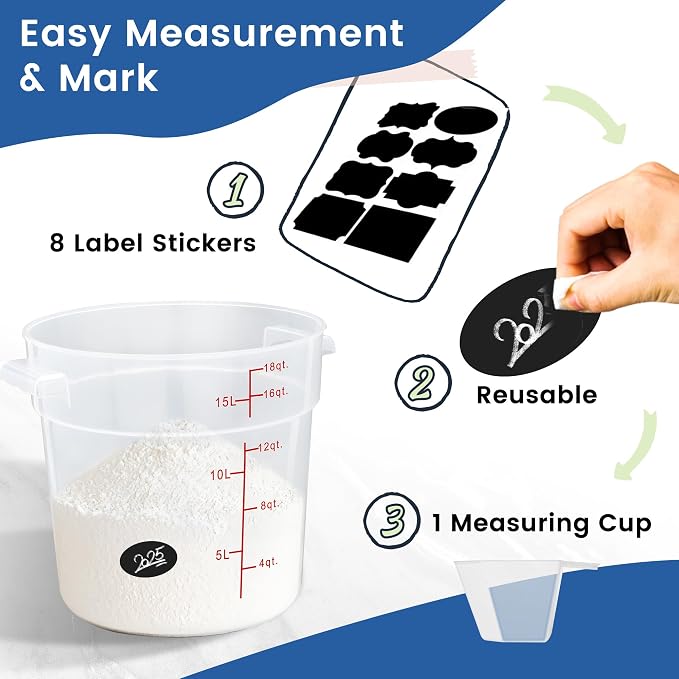 4 Pack 18QT Round Food Storage Containers with Lids | NSF, BPA-free PP containers with scale, label and measuring cup, stackable for prep, storage, freezer. Dishwasher safe