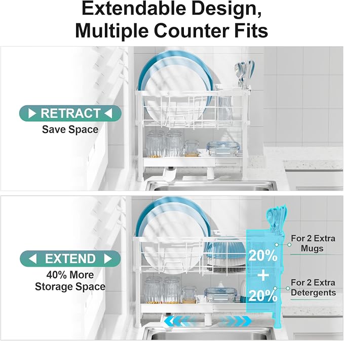 GSlife Narrow Dish Drying Rack - Expandable Small Dish Rack for Kitchen Counter, 2 Tier Adjustable Capacity (15.7''-20.7''L) Dish Drainer Rack with Removable Cutlery Holder, White