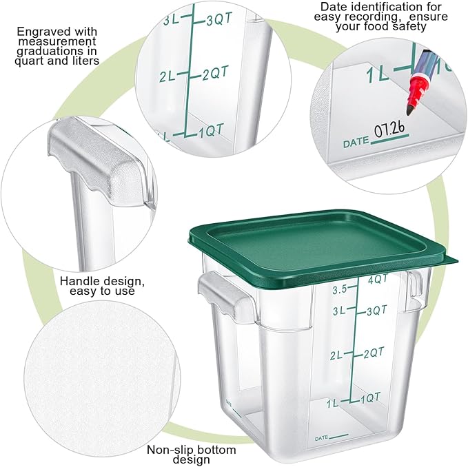 Maxcheck 4 Pcs 4qt Food Storage Container with Lids Bulk Clear Plastic Commercial Food Storage Bins with Scale Handle Space Saving Restaurant Tubs for Kitchen Prep Proof Dough(Green)