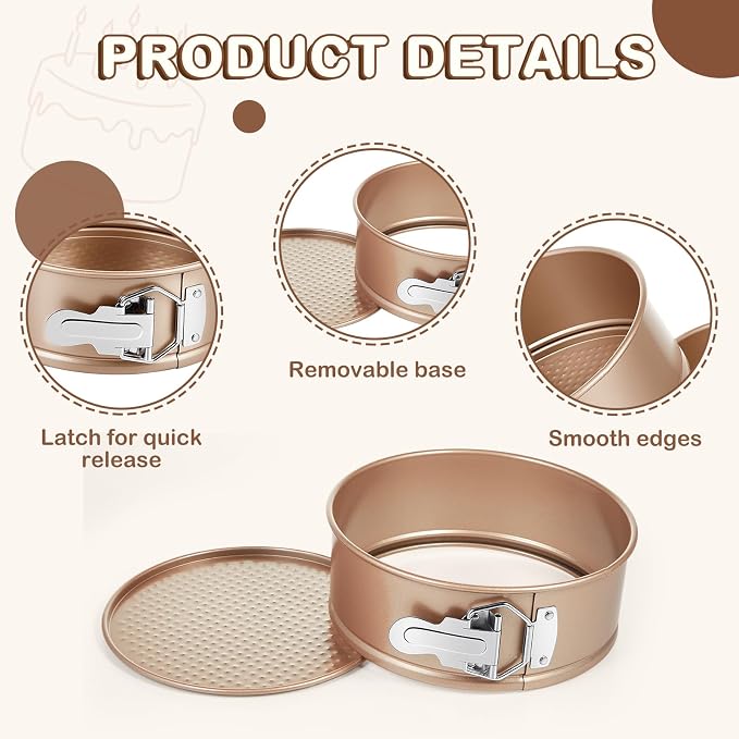 Funnymoom 4 Pcs 7 Inch Non Stick Springform Pan with Removable Bottom Carbon Steel Round Springform Cheesecake Pan with Stainless Steel Spring Buckles for Baking Kitchens Restaurant(Champagne Gold)