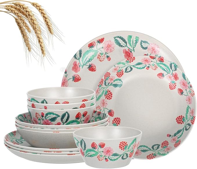 Unbreakable Dinnerware Set for 4 Natual Strawberry 12 Piece Melamine Wheat Straw BPA Free Lightweight Dishwasher Safe Shatter Resistant for Picnic Garden Breakfast