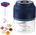 300ML USB Rechargeable Electric Garlic Chopper, Mini Portable Veggie Cutter with Eggbeater&4/6 Knife Heads, Veggie Chopper with Container and Lid, Vegetable Crusher (Blue B)