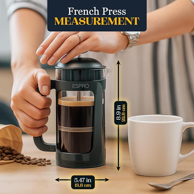 ESPRO Light P3 French Press Coffee Maker – Patented Double Micro-Filter for Grit-Free Brew, Heat Resistant thicker Borosilicate Glass Coffee press – (Black 18 oz)