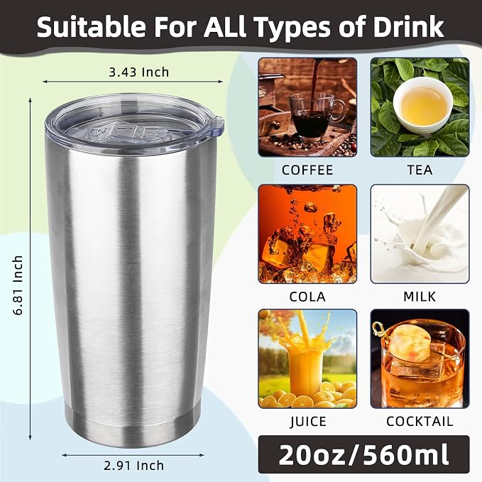 20oz Tumbler with Lid Stainless Steel Insulated Tumblers Travel Coffee Tumbler Bulk Double Wall Vacuum Insulated Water Cup Gifts for Christmas Women Men Her Him Home Office(Silver, 1pack)