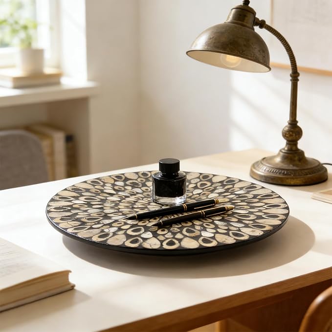 13.4" Mother of Pearl Lazy Susan, 360 Degrees Rotating Table Turntable Organizer Round Wood Spinning Tray for Countertop Table Cabinet Living Room Kitchen Office Home Decor (Black Leopard Print)