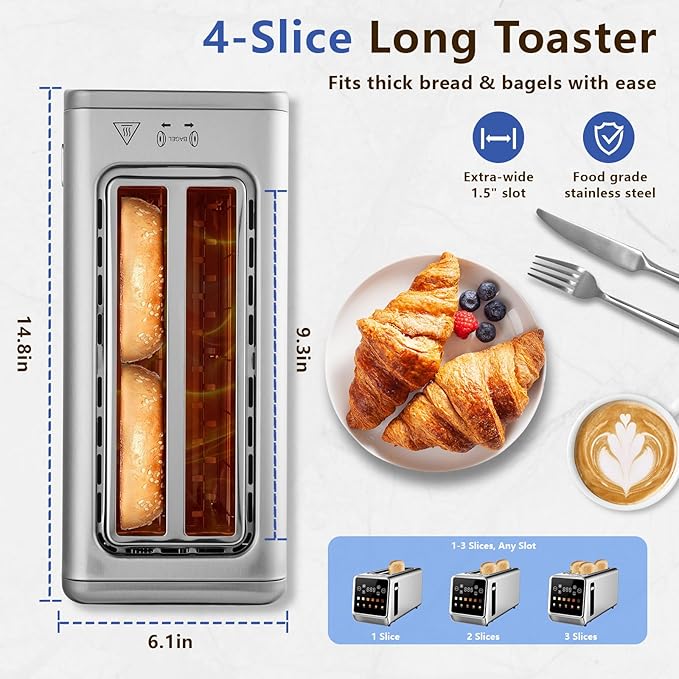 SAKAMOSH Smart Toaster 4 Slice, Touch Screen, Digital Toasters with 6 Browning Levels & 5 Bread Types, Bagel, Extra Long Wide Slots, Memory Function, Timer, 1400W, Stainless Steel