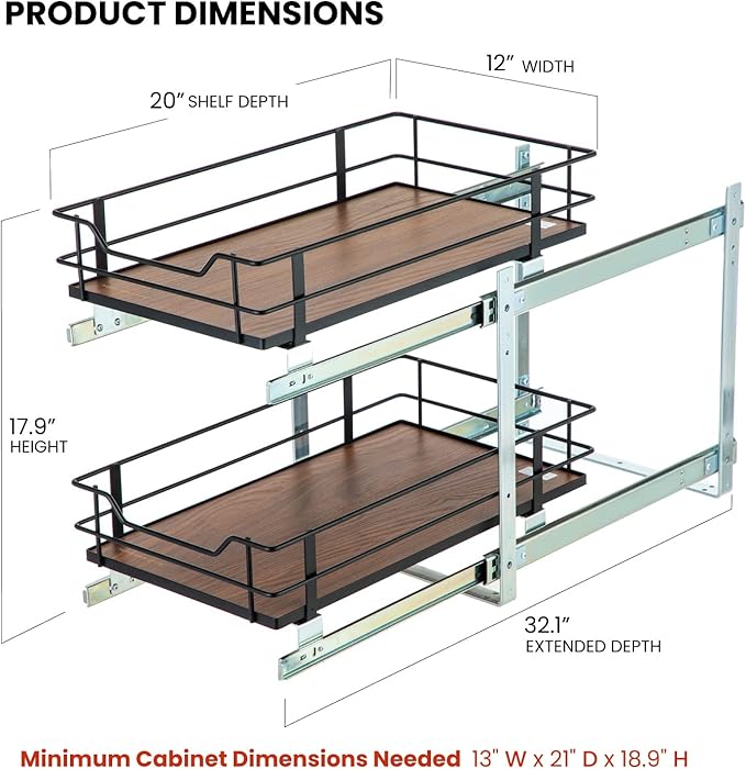 Home Zone Living Pull Out Kitchen Cabinet Organizer with 2 Tiers of Storage for Easy Access, 12”W x 20”D, Matte Black with Dark Brown, Virtuoso Collection